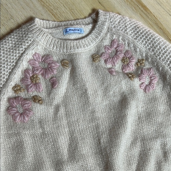Girls Cream Sweater with Pink Floral Embroidery - Picture 5 of 7